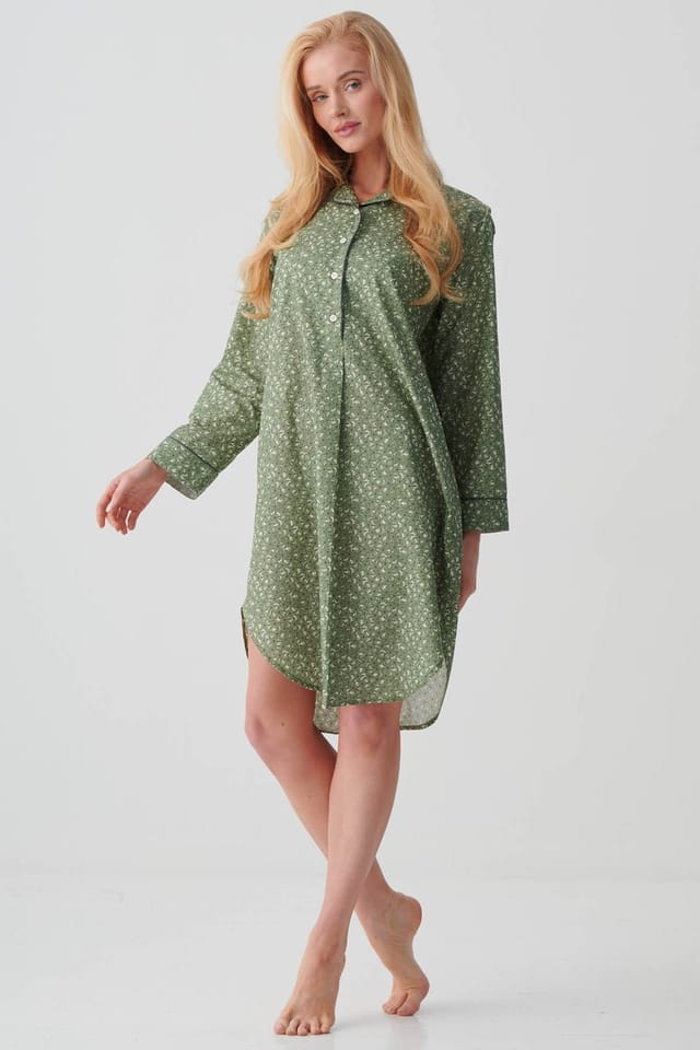 British Boxers British Boxers Women's "Shrub Sage Flower" Crisp Cotton Nightshirt in Pale Green - 2