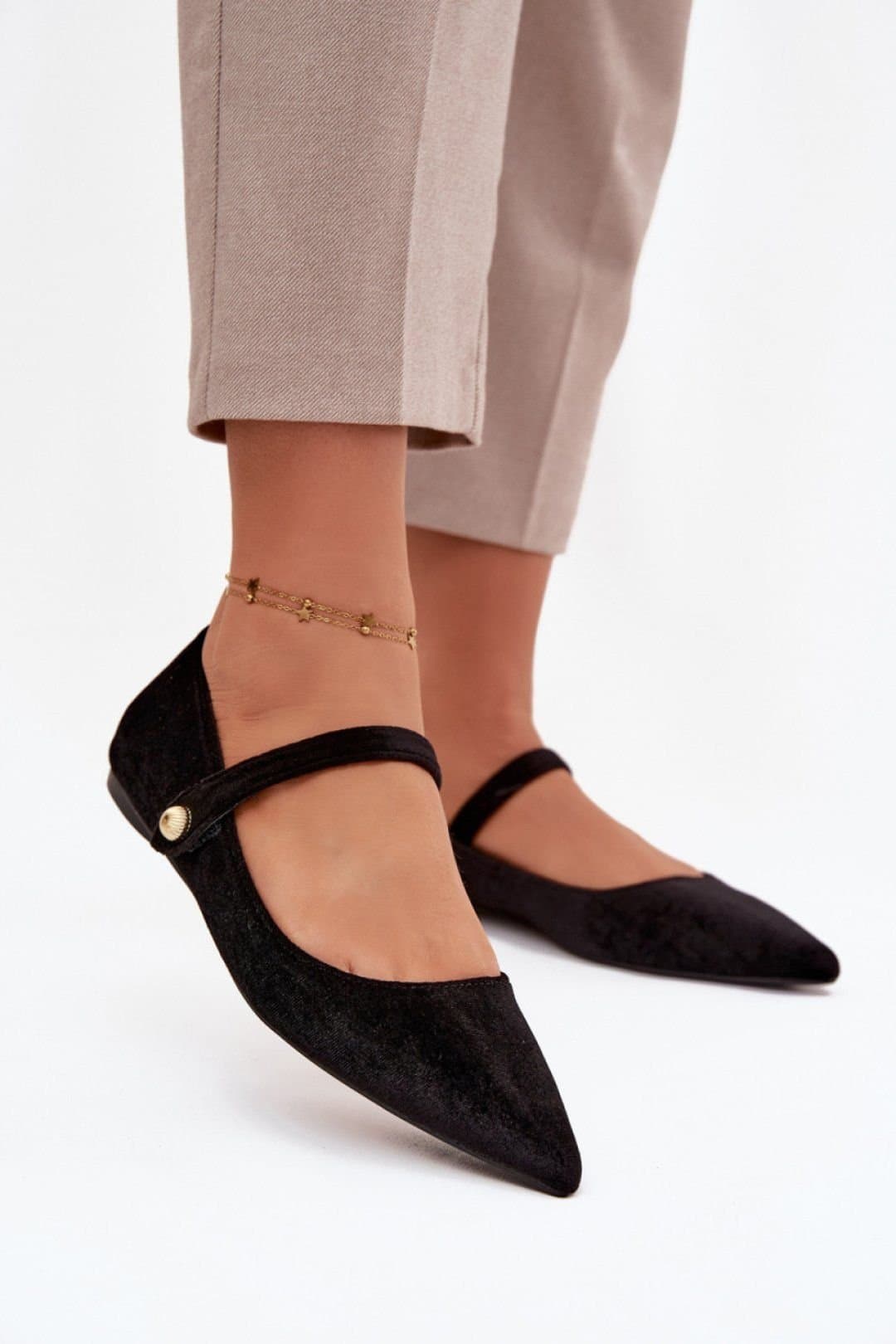 Love Lace Love Lace Black Velvet Ballet Flats with Pointed Toe Strap