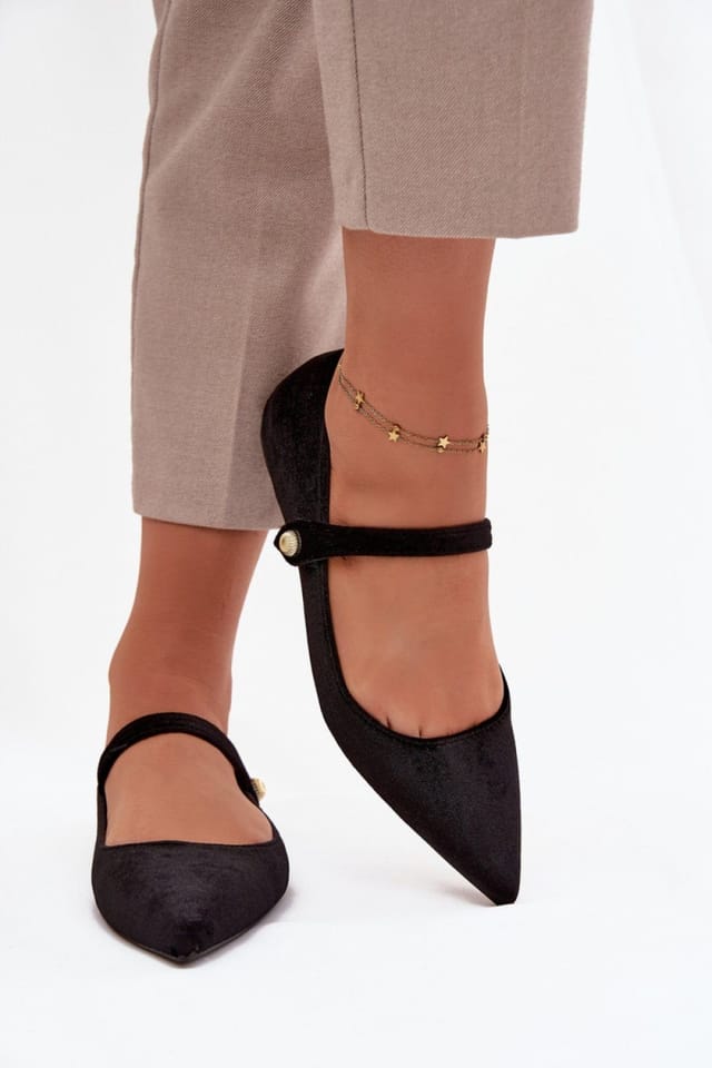 Love Lace Love Lace Women's Velvet Ballet Flats with Pointed Toe Strap & Velcro Gold in Black - 3