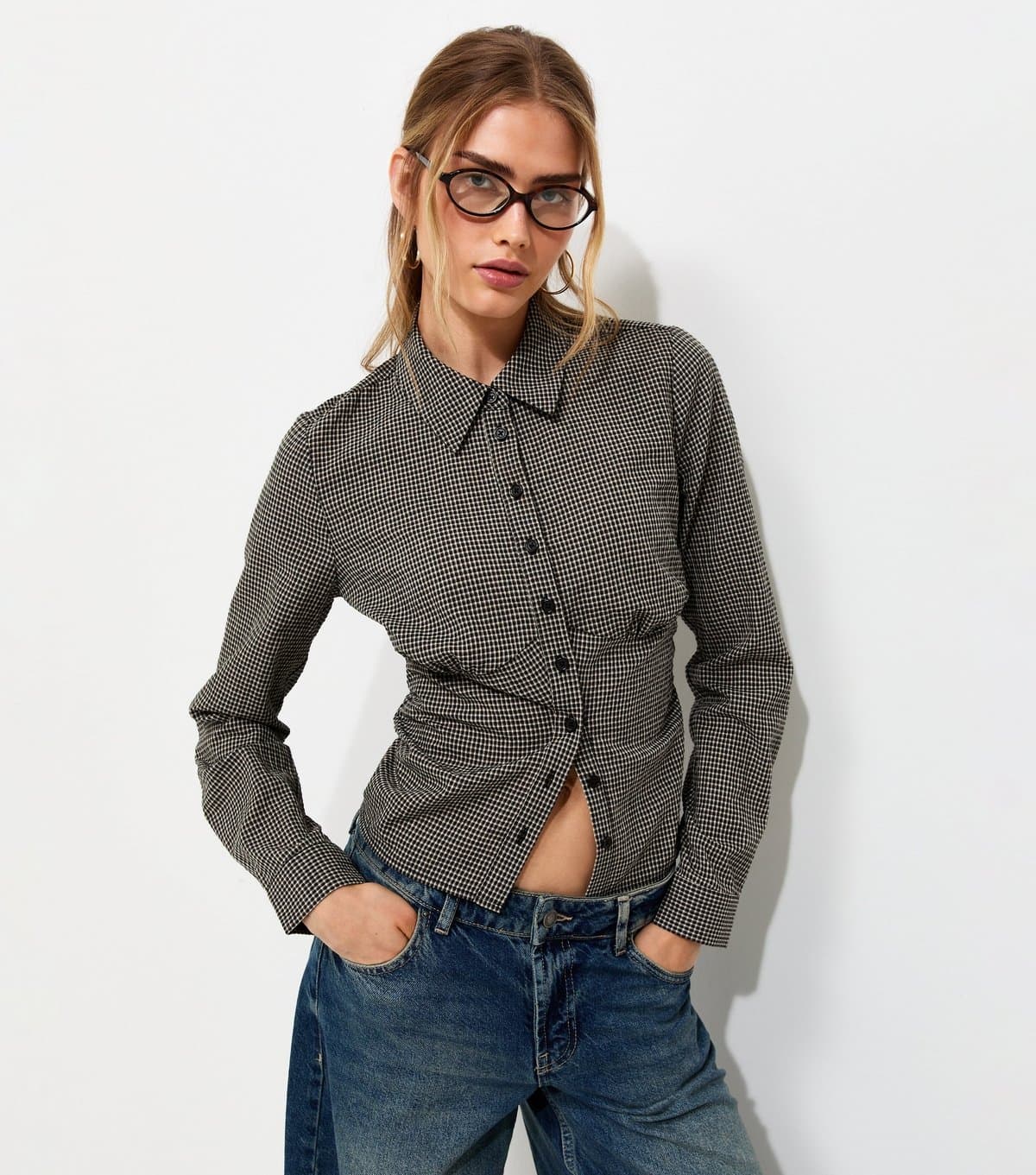 New Look Women's Black Cotton Check Fitted Long Sleeve Shirt New Look