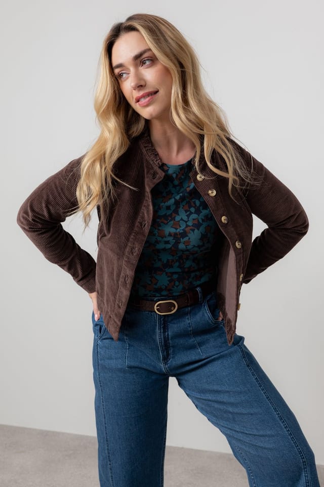 Lily & Me Lily & Me Women's Rene Stretch Jumbo Cord Scalloped collar Jacket in Chocolate - 2
