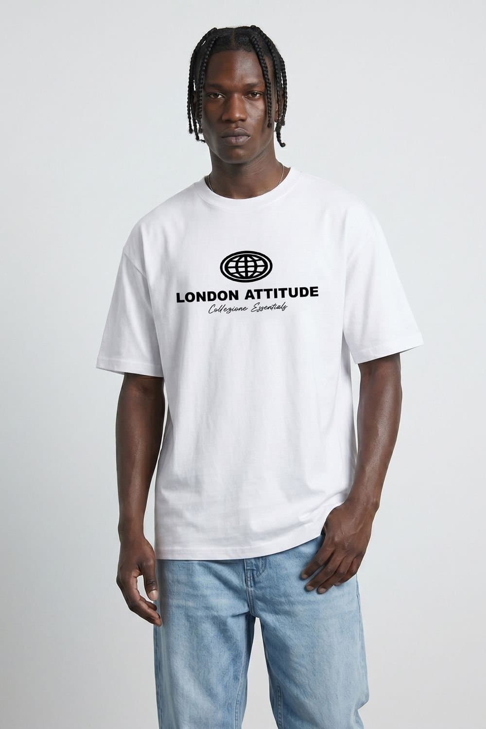 LONDON ATTITUDE LONDON ATTITUDE Men's Essential Globe Logo Premium Cotton T-Shirt in White