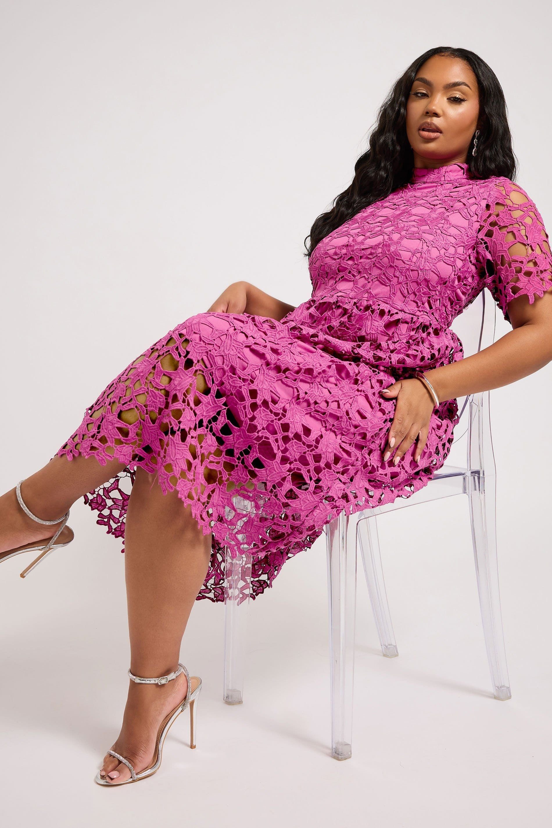 Yours Yours Women's Lace Crochet Midi Dress in Pink - 4