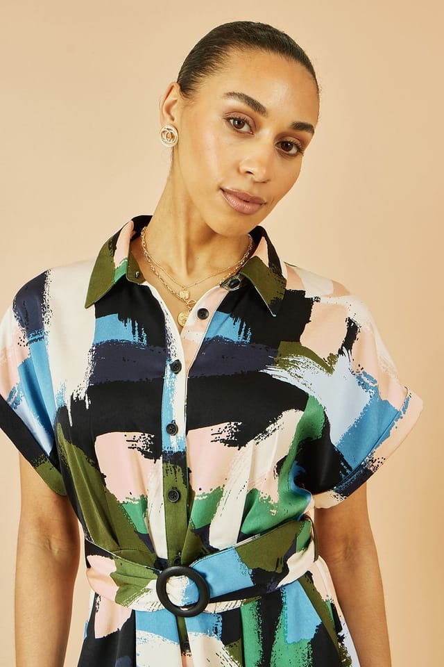 Yumi Yumi Women's Blue Brushstroke Print Relaxed Midi shirt Dress - 2