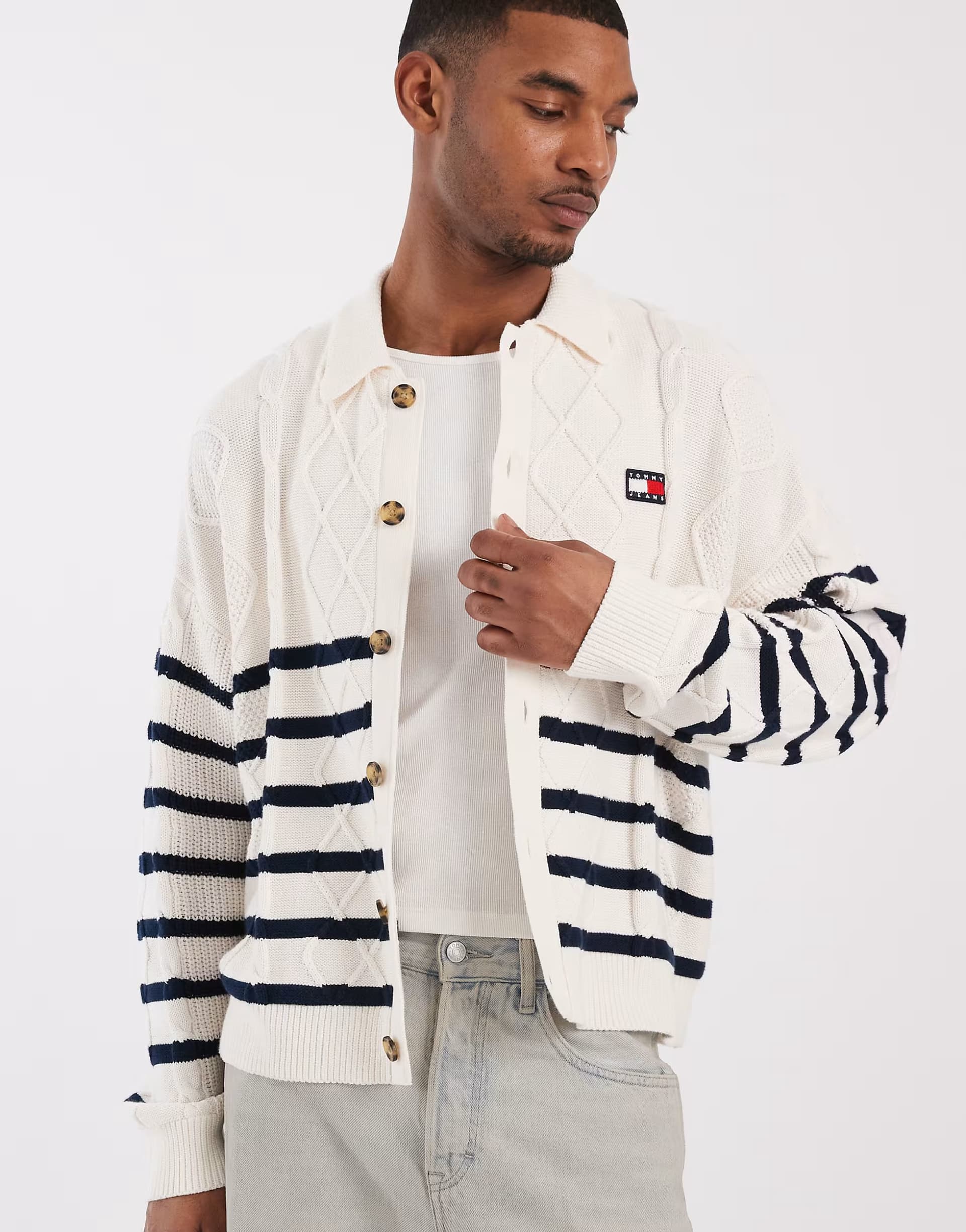 ASOS Tommy Jeans cable knit relaxed fit cardigan in cream/navy stripes
