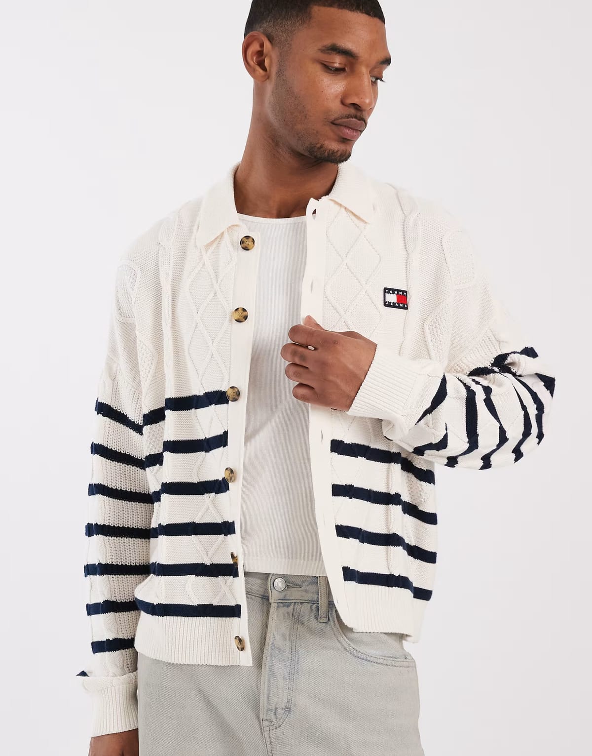 ASOS Tommy Jeans cable knit relaxed fit cardigan in cream/navy stripes - 1