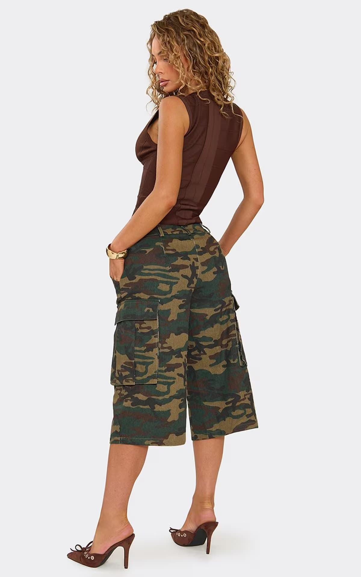 EGO Low Rise Cargo Jorts In Green Camo Print Denim, Women's Size UK 6