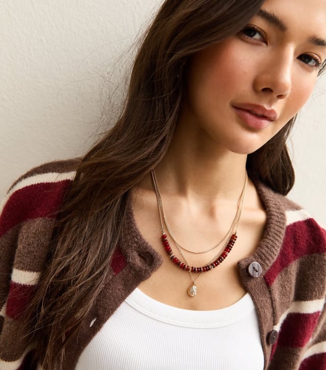 New Look Gold Tone Triple Layer Beaded Pendant Necklace New Look - 2