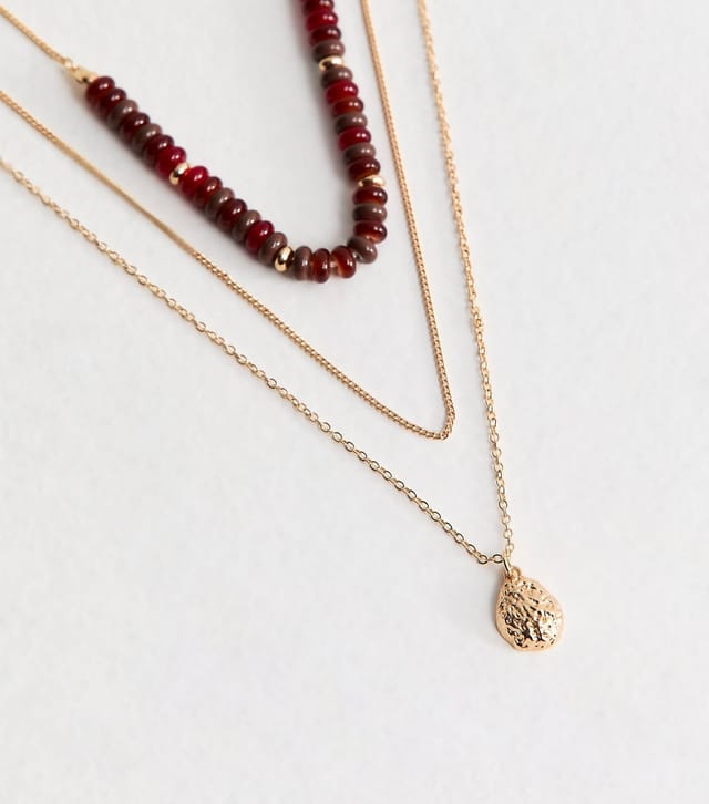 New Look Gold Tone Triple Layer Beaded Pendant Necklace New Look - 3