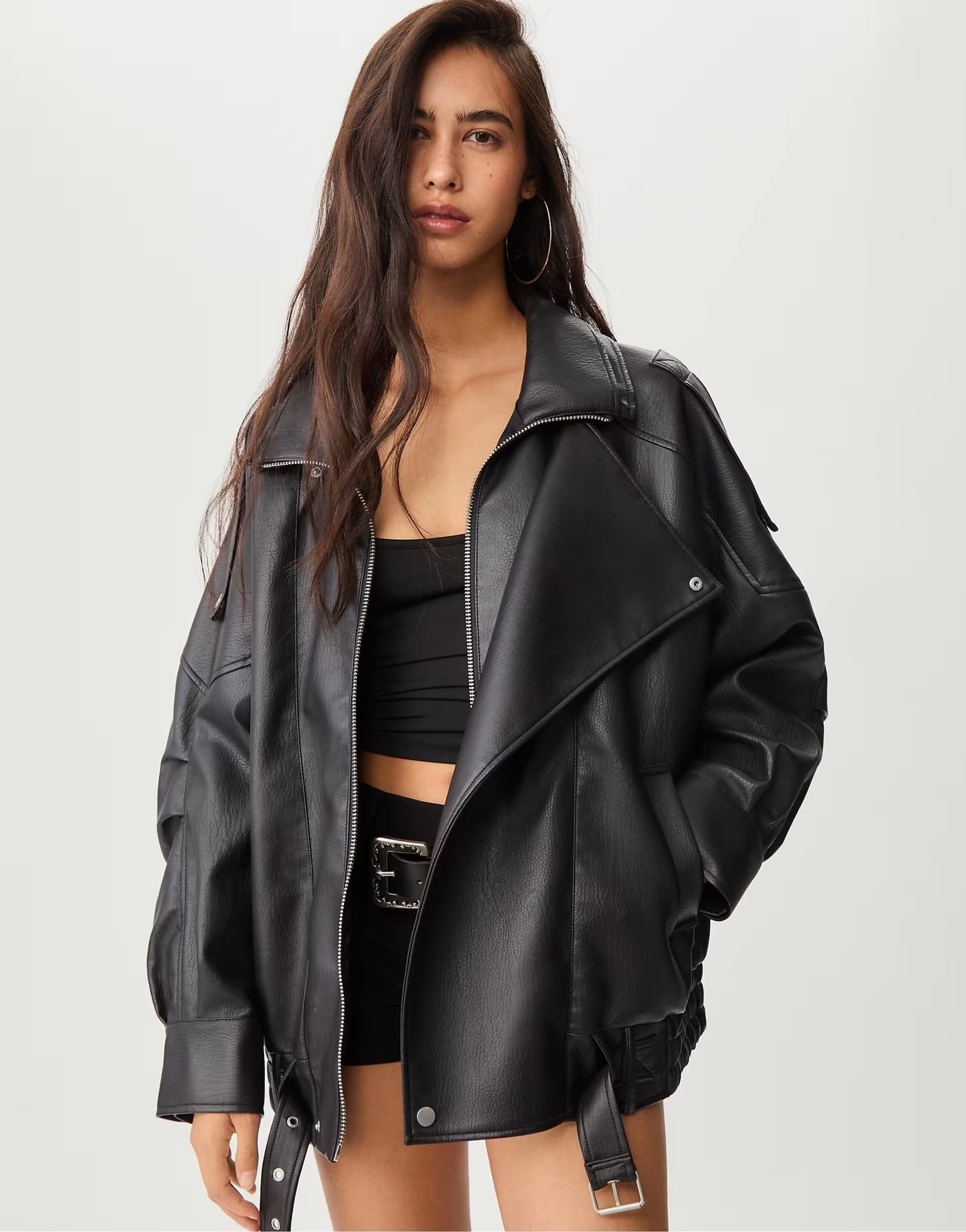 ASOS Stradivarius Oversize leather effect jacket with collar in black