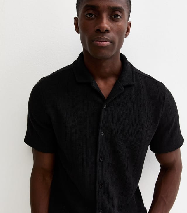 New Look Men's Black Relaxed Fit Textured Revere Collar Shirt New Look - 2