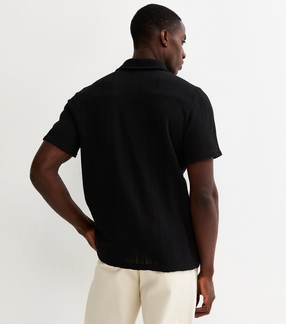 New Look Men's Black Relaxed Fit Textured Revere Collar Shirt New Look - 4