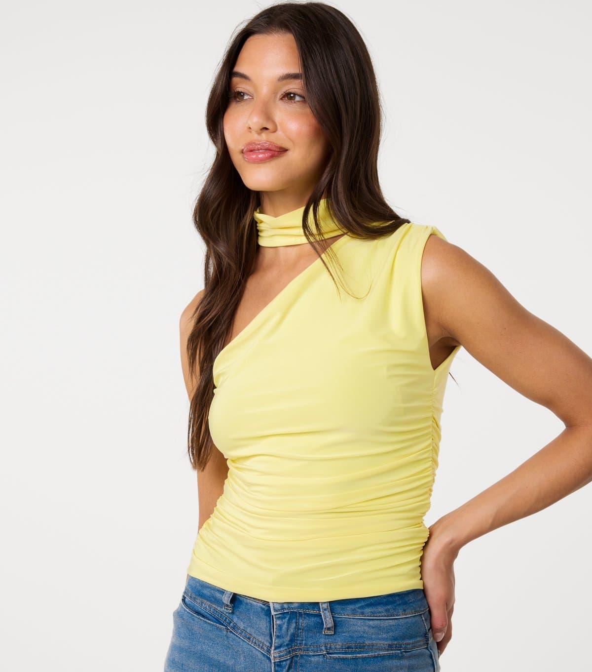 Pink Vanilla Women's Light Yellow Slinky One Shoulder Halter Neck Top Pink Vanilla New Look