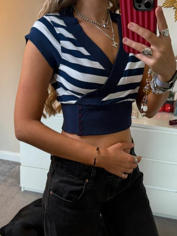 Select Select Y2K navy and white stripe button detail wrap cropped top