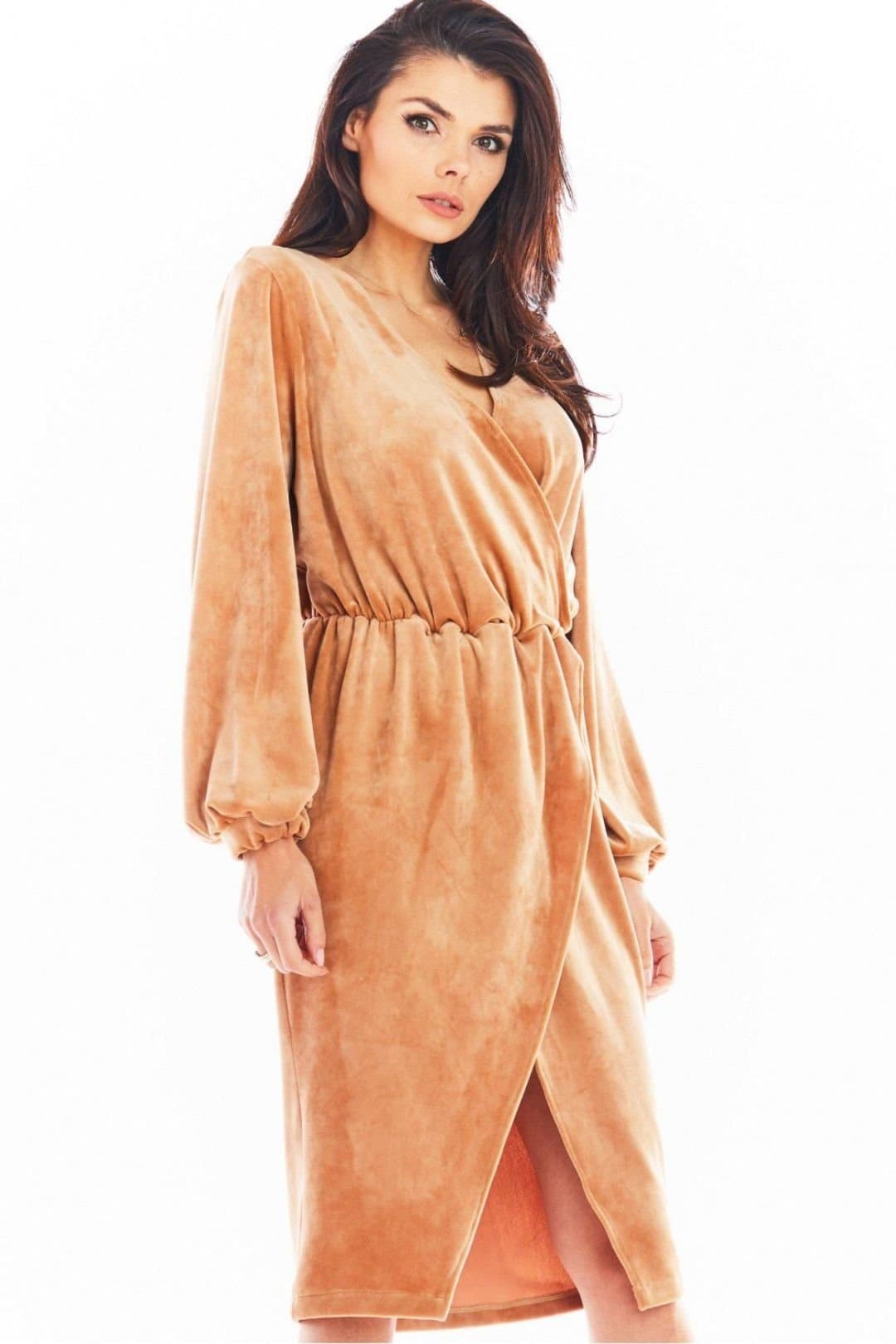 Love Lace Love Lace Women's Velour Envelope Evening Dress with Flared Sleeves Style 150748 in Tan