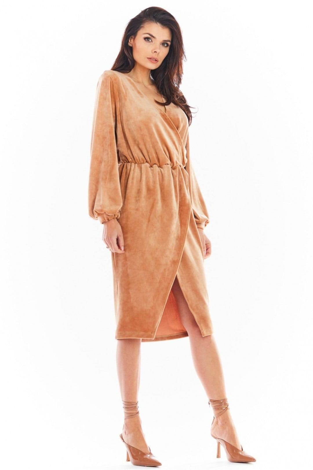 Love Lace Love Lace Women's Velour Envelope Evening Dress with Flared Sleeves Style 150748 in Tan - 4