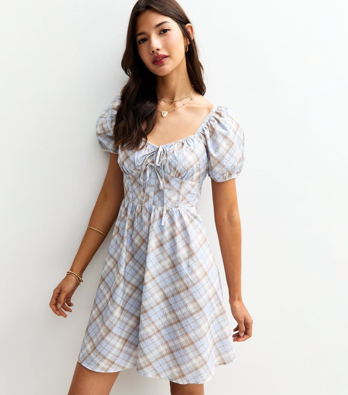 New Look Women's Blue Checked Puff Sleeve Mini Dress New Look