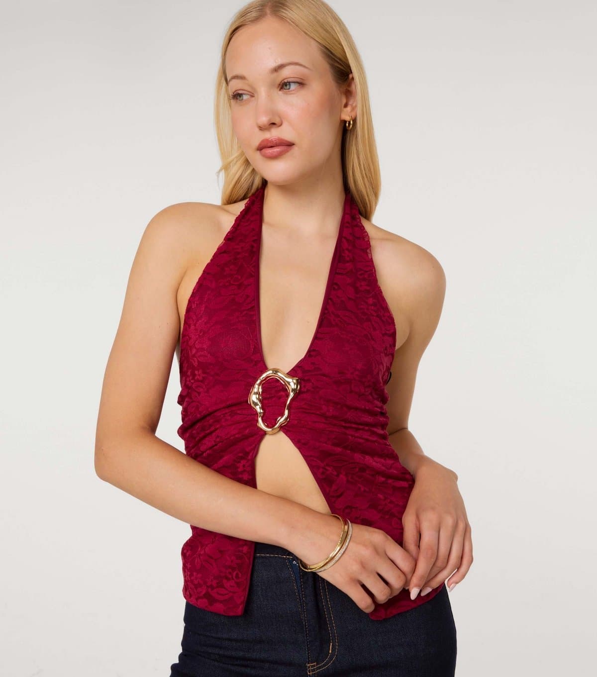 Pink Vanilla Pink Vanilla Dark Burgundy Sculpted Buckle Lace Halter Top