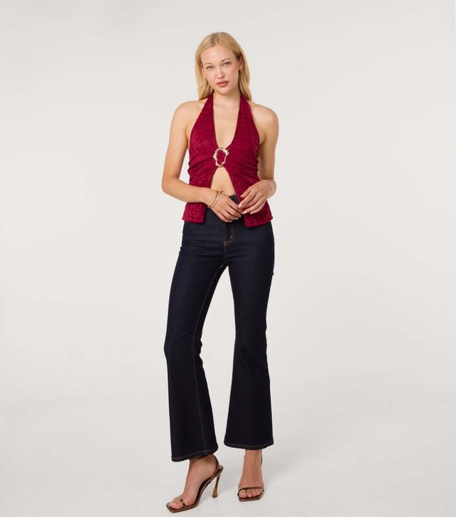 Pink Vanilla Women's Dark Burgundy Sculpted Buckle Lace Halter Top Pink Vanilla New Look - 2