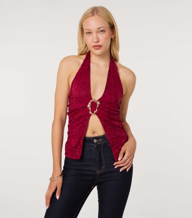 Pink Vanilla Women's Dark Burgundy Sculpted Buckle Lace Halter Top Pink Vanilla New Look - 3
