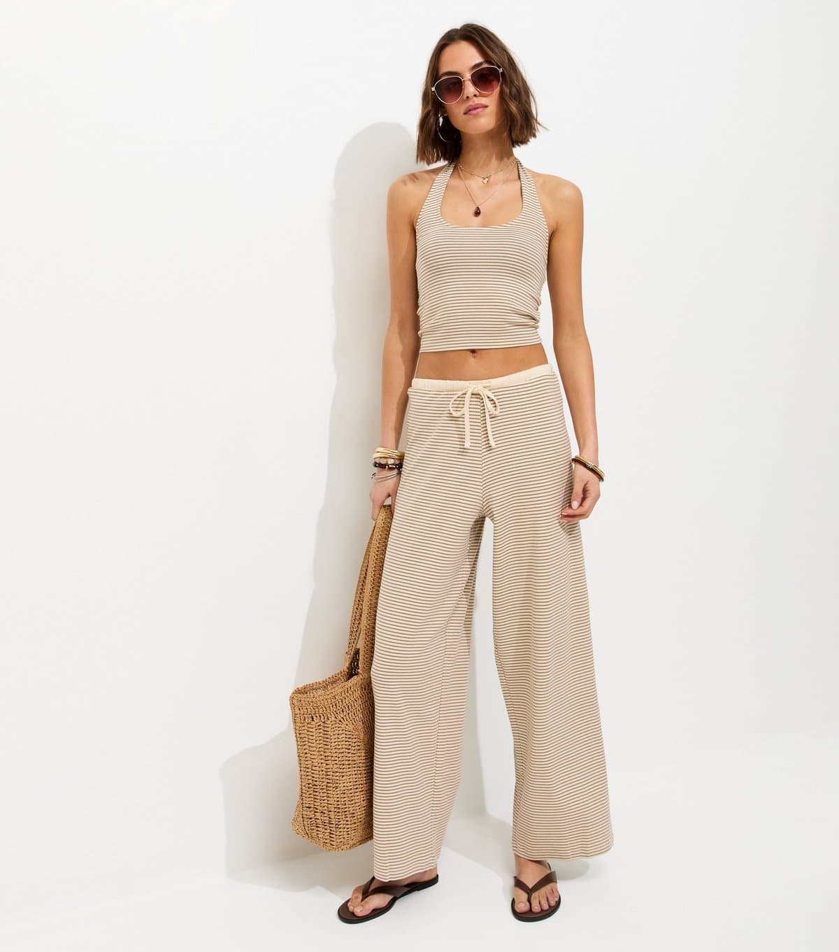 New Look Women's Cream Stripe Drawstring Wide Leg Trousers New Look