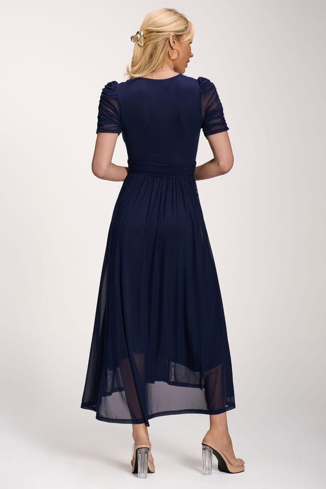 Jolie Moi Jolie Moi Women's Petite Mesh Ruched Sleeve Maxi Dress in Navy - 2