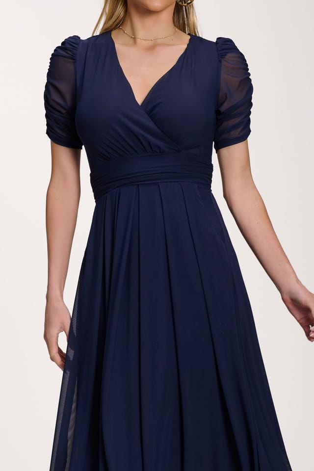 Jolie Moi Jolie Moi Women's Petite Mesh Ruched Sleeve Maxi Dress in Navy - 3