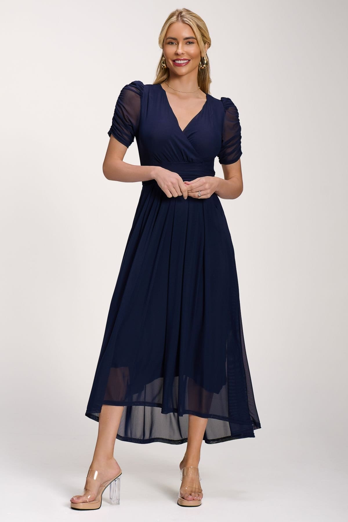Jolie Moi Jolie Moi Women's Petite Mesh Ruched Sleeve Maxi Dress in Navy - 4