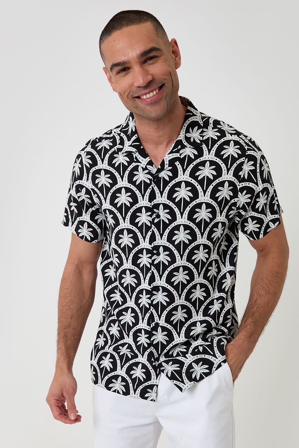 Threadbare Threadbare Men's Palm Tree Print Short Sleeve Shirt in Black