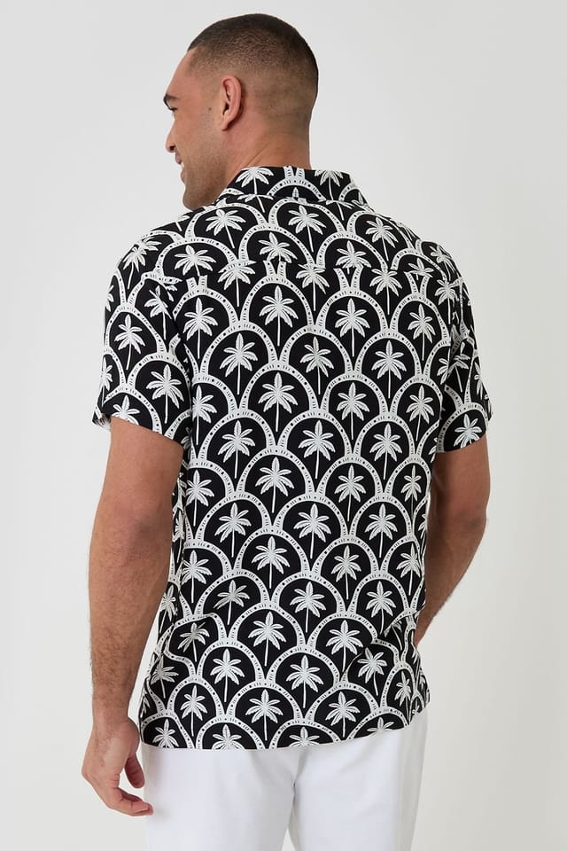 Threadbare Threadbare Men's Palm Tree Print Short Sleeve Shirt in Black - 2