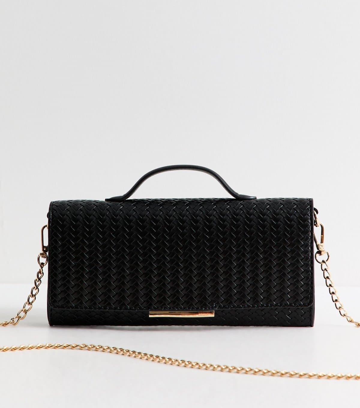New Look Black Faux Leather Woven Top Handle Clutch Bag New Look
