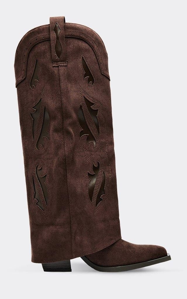 EGO Feng Cut Out Embroidered Detail Knee High Western Cowboy Boot In Brown Faux Suede, Women's Size UK 3 - 2