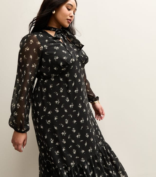 New Look Women's Plus Size Black Ditsy Chiffon Midi Dress Curves New Look - 3