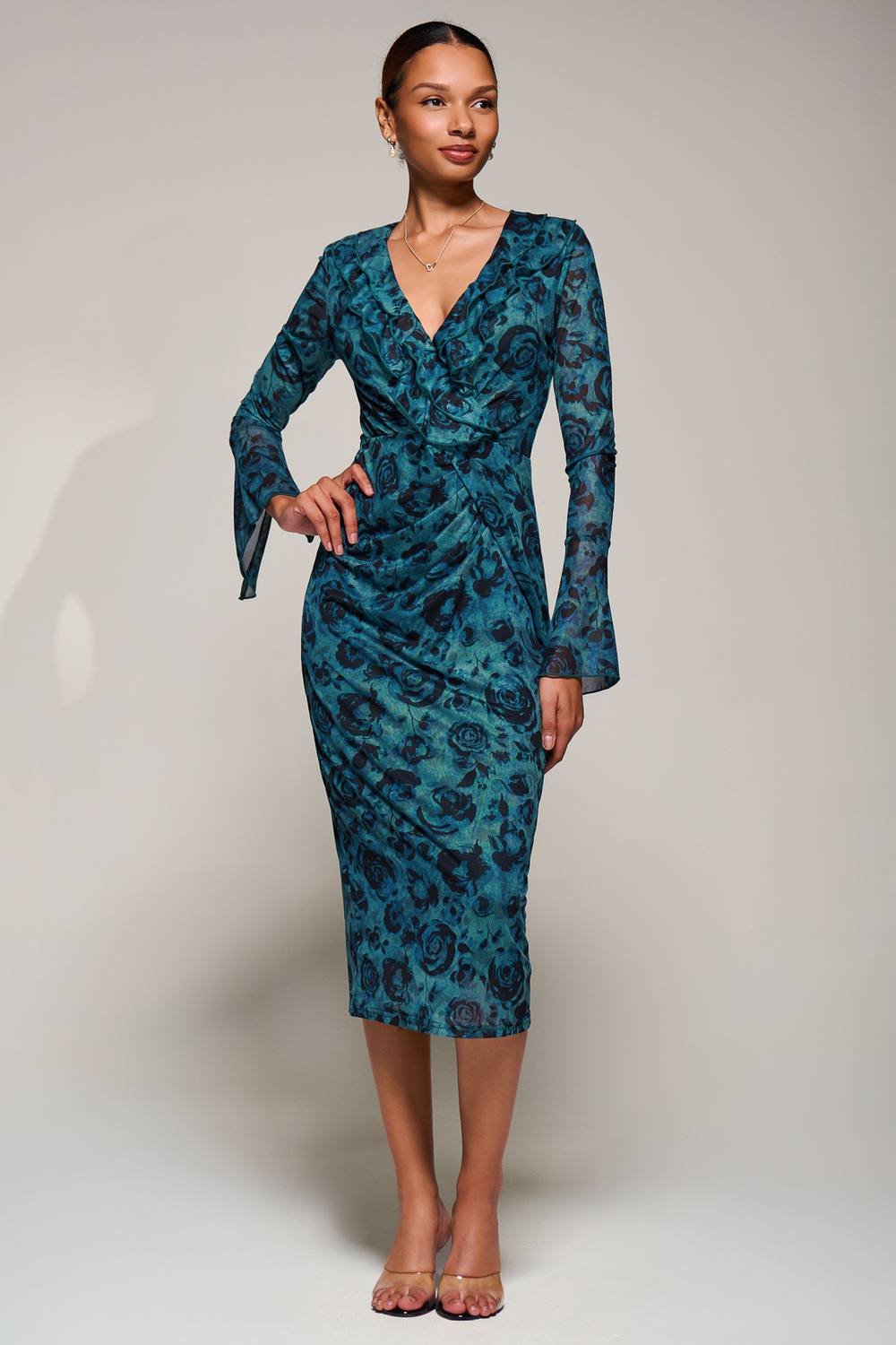 Jolie Moi Jolie Moi Women's Ruffle V-Neckline Mesh Bodycon Midaxi Dress in Green - 3