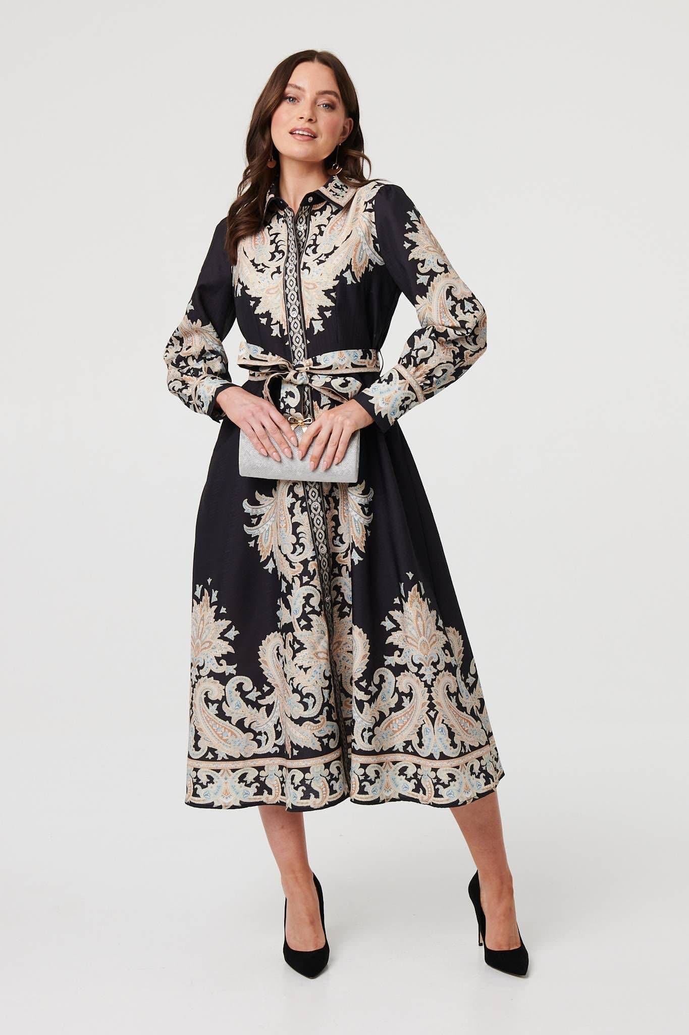 Izabel London Izabel London Women's Floral Border Tie Waist Midi Dress in Black