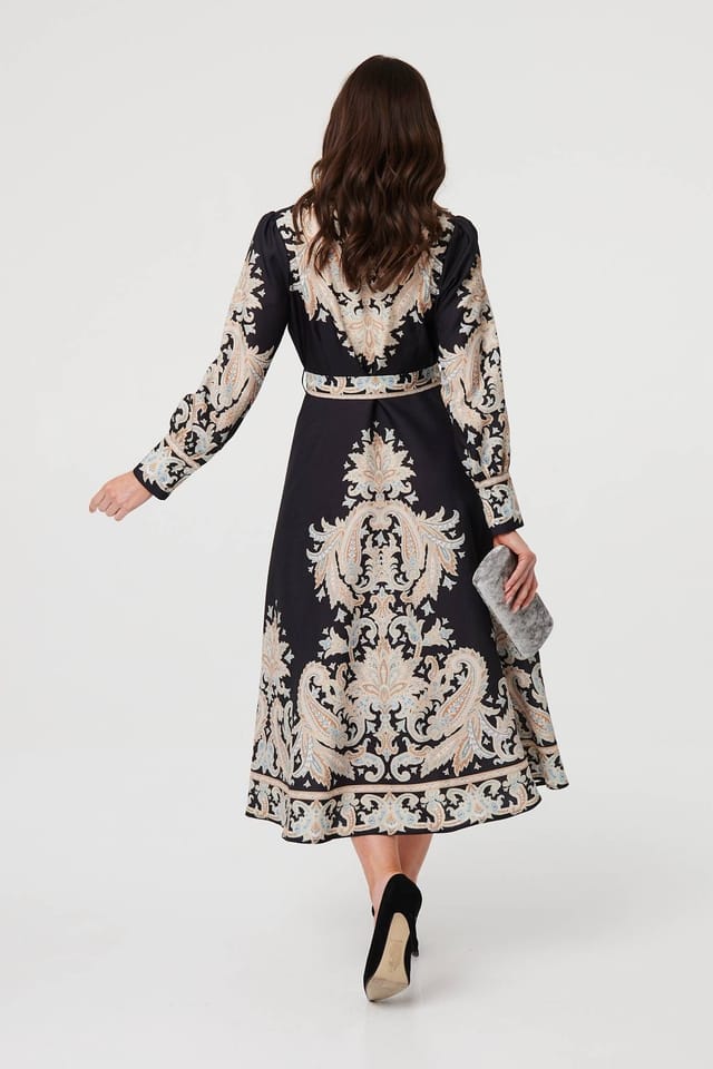Izabel London Izabel London Women's Floral Border Tie Waist Midi Dress in Black - 3