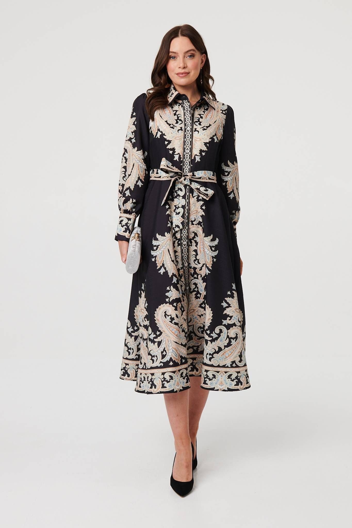 Izabel London Izabel London Women's Floral Border Tie Waist Midi Dress in Black - 4