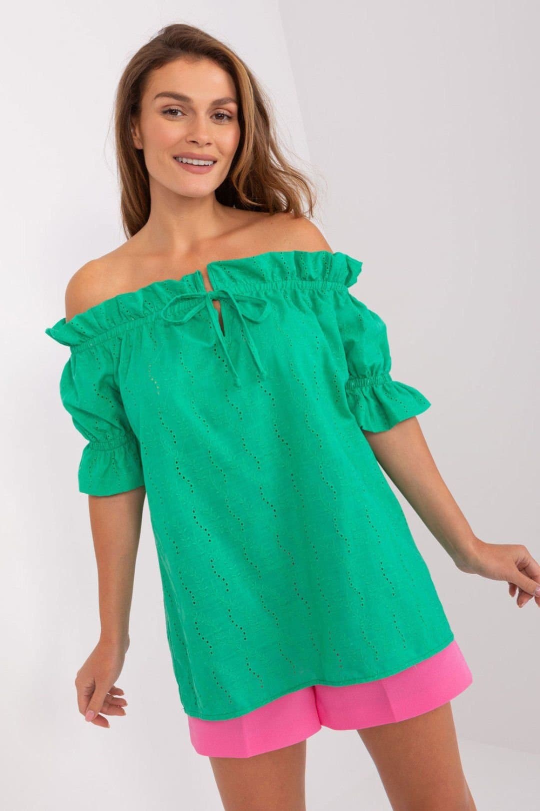 Love Lace Love Lace Women's Short Sleeve Lace Blouse with Spanish Neck in Green