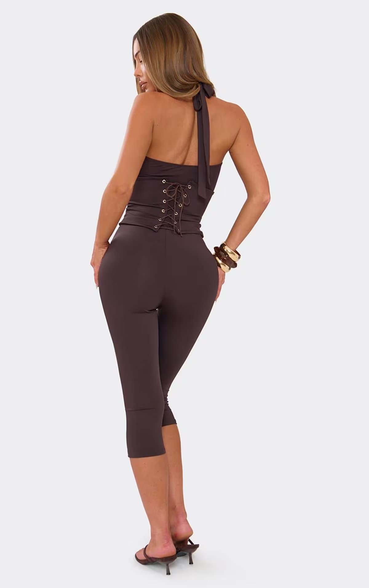 EGO Halterneck Corseted Top And Capri Trousers Co-Ord Set In Chocolate Brown, Women's Size UK M/L