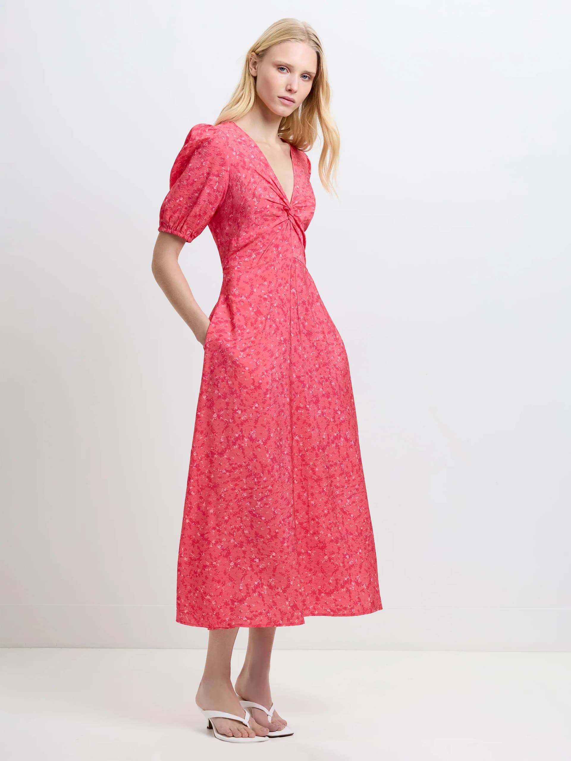 French Connection Melissa Floral Twist V Neck Pink Midi Dress Fuchsia Pink Multi