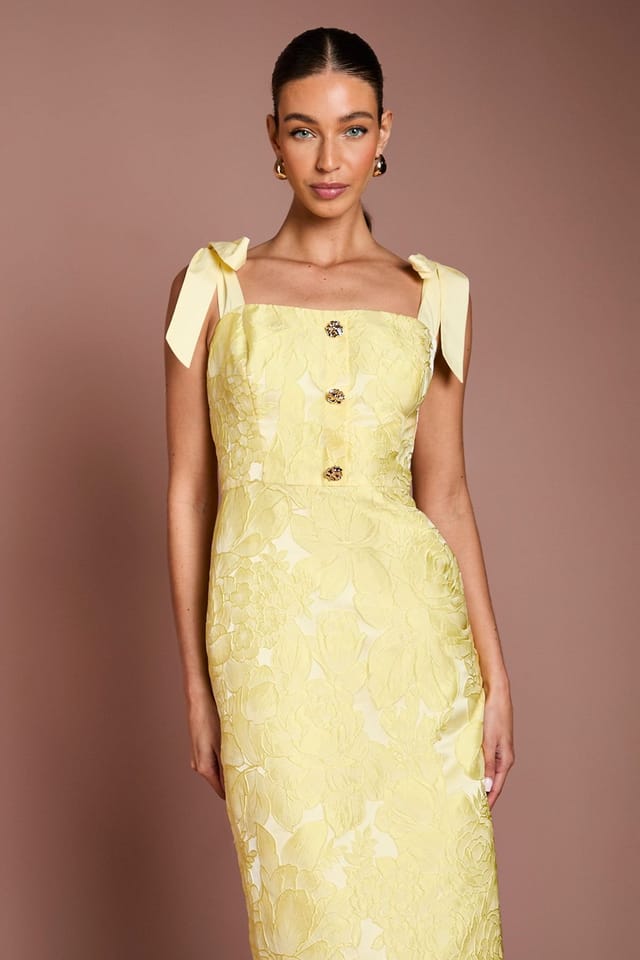 Coast Coast Women's Jacquard Tie Shoulder Button Detail Pencil Dress in Lemon - 2