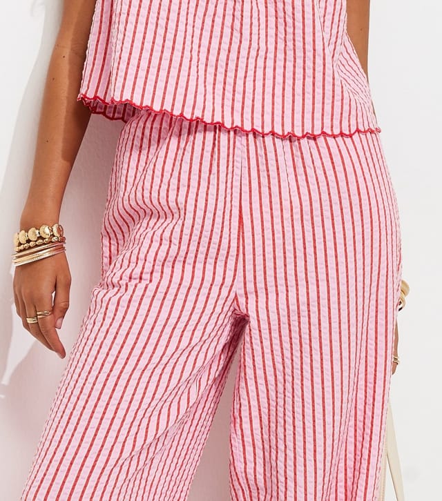 New Look Women's Pink Cotton Seersucker Scalloped Edge Trousers New Look - 3