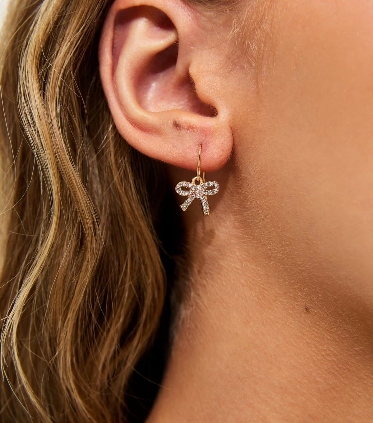 New Look Gold Tone Diamanté Bow Drop Earrings New Look