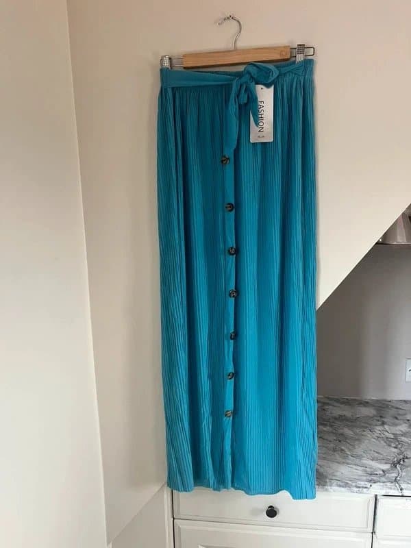 Made In Italy Made in Italy Aqua Blue Button Stretch Pleated Button Detail Wrap Tie Maxi Skirt One Size 10-22