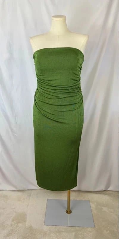 New Look UK 18 New Look Olive Green Ruched Bandeau Midi Dress Strapless Bodycon Stretch Textured