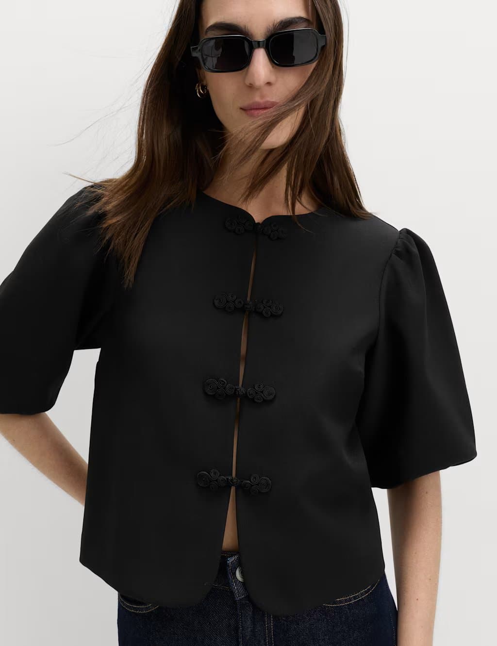 Marks & Spencer M&S Black Puff Sleeve Top with Knot Buttons