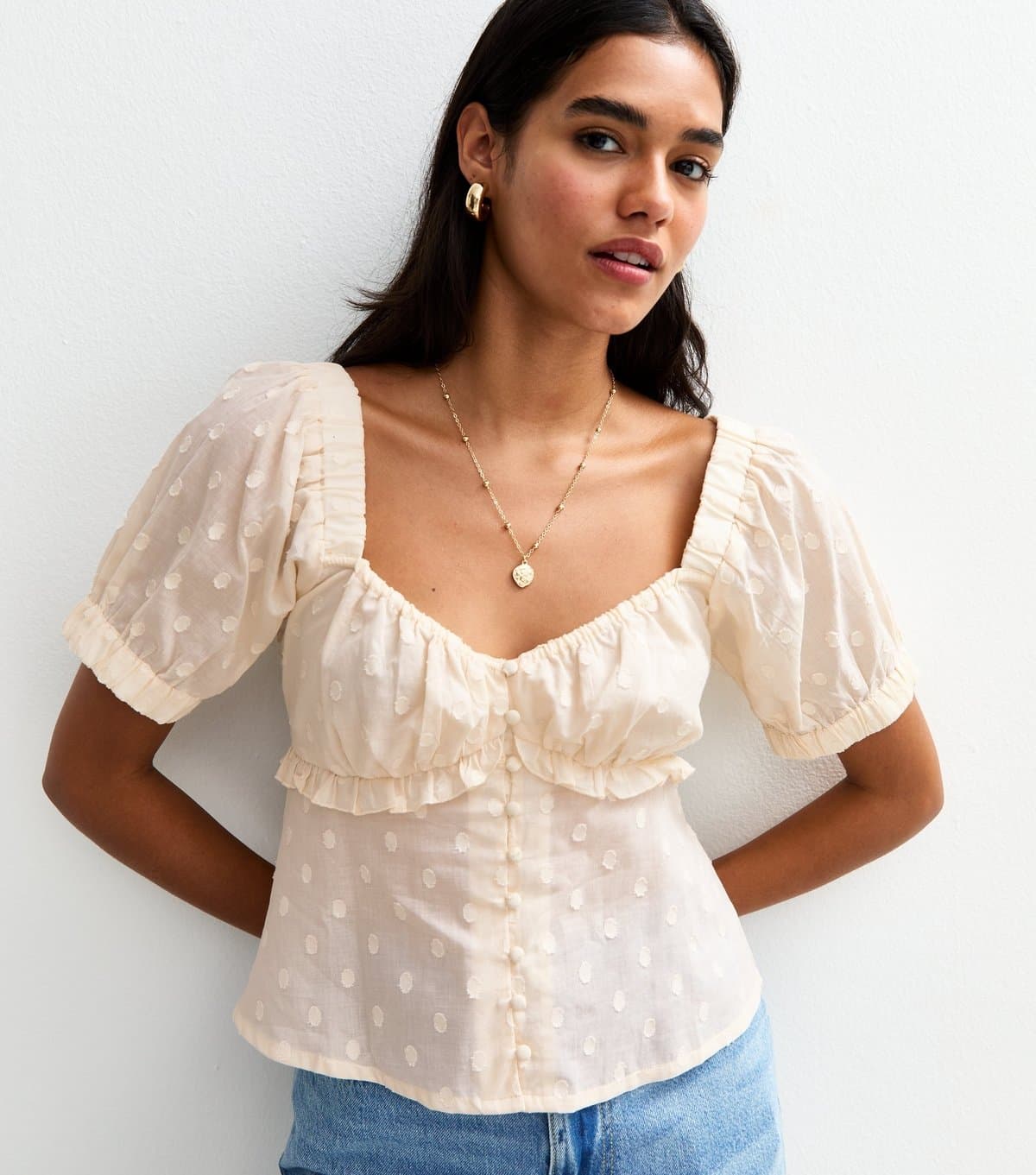 New Look Women's Cream Polka Dot Milkmaid Top New Look