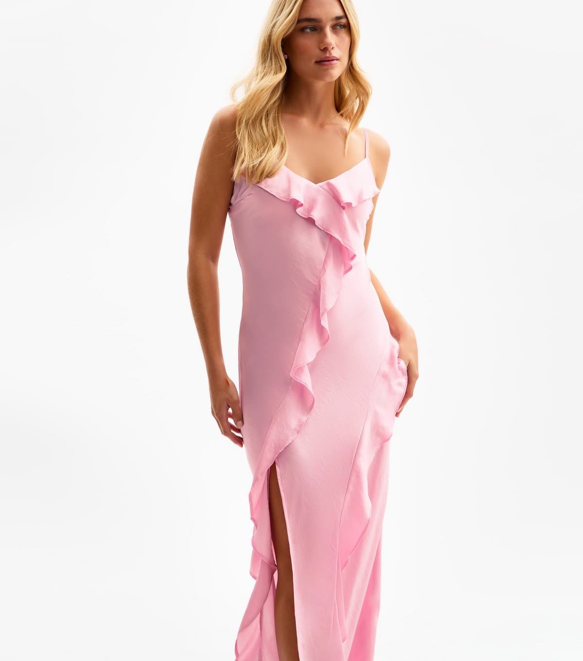 New Look Women's Pink Ruffle Trim Satin Midi Dress New Look