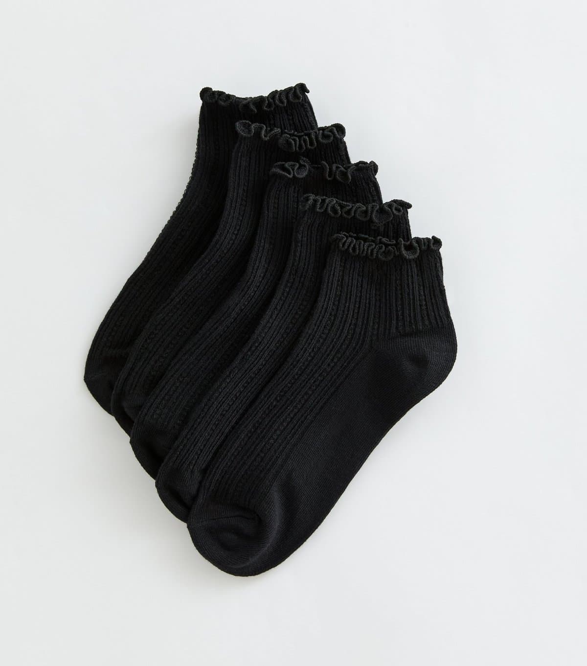 New Look Girls' Pack of 4 Black Cotton Rich Ribbed Frill Trim Socks New Look