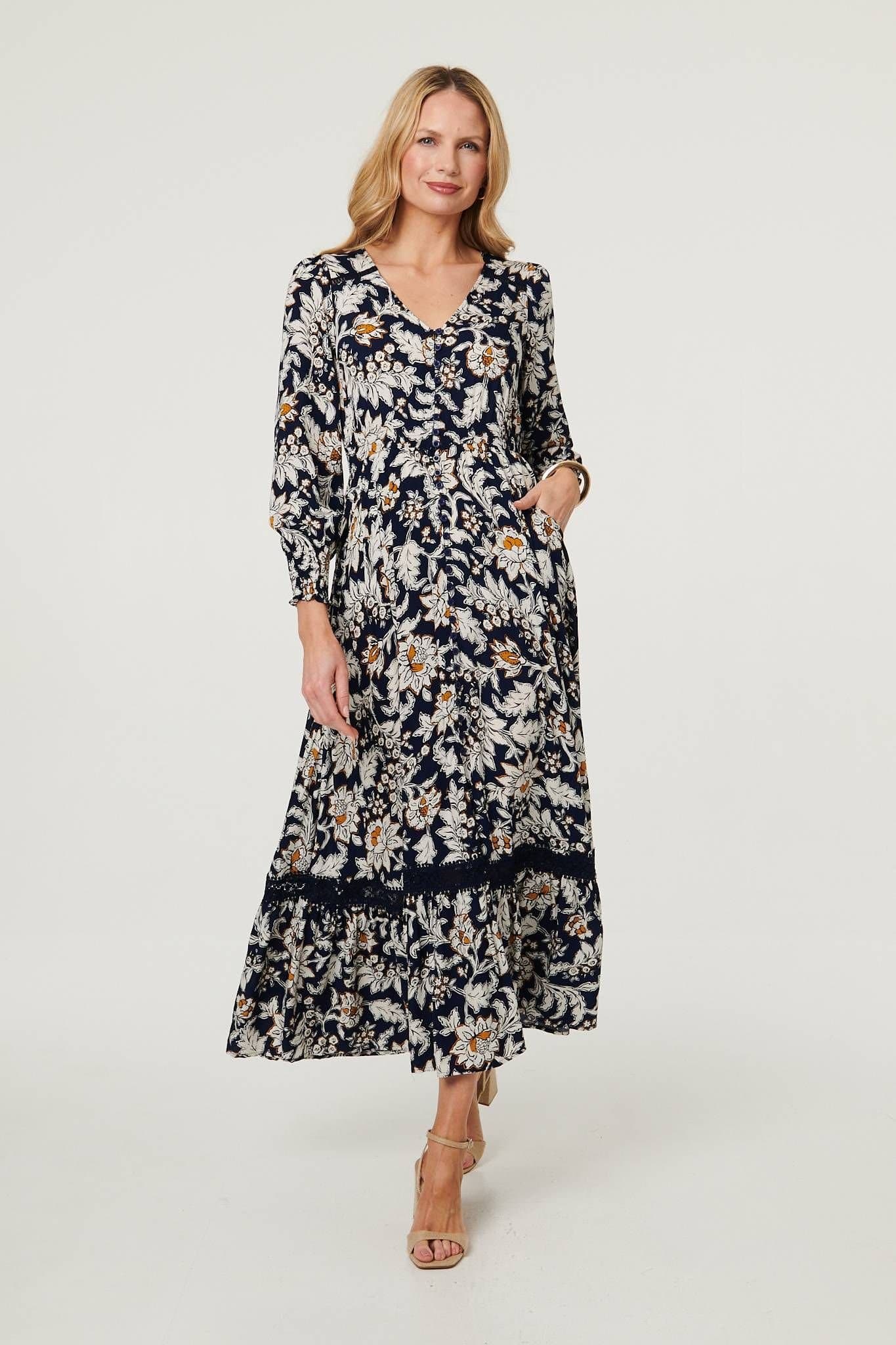 Izabel London Izabel London Women's Floral Long Sleeve Trim Maxi Dress in Navy